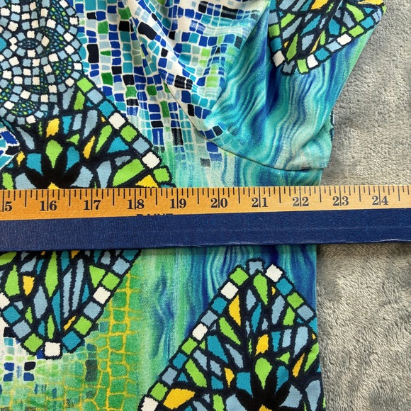 Susan Graver Women Large Green Blue Mosaic Geometric Tunic Top Split Sleeve Ring - Picture 7 of 16